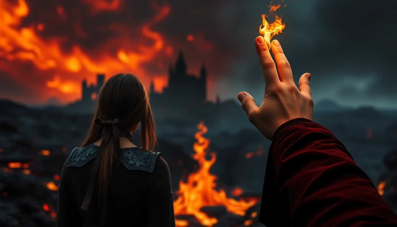 Color tone: Black gold + crimson or gray-blue, with a contrast between fiery heat and cold oppression. Element composition: A distant and vague "ash castle" is in the background, and there are flames or magic patterns in the sky. In the foreground, you can see the back of a woman wearing an iron collar and a ribbon wrapped around her hands, with her long hair slightly raised, standing in front of a lava crack. A man's hand reaches into the air, with fire on his fingertips, and is about to touch a slightly trembling white finger.
