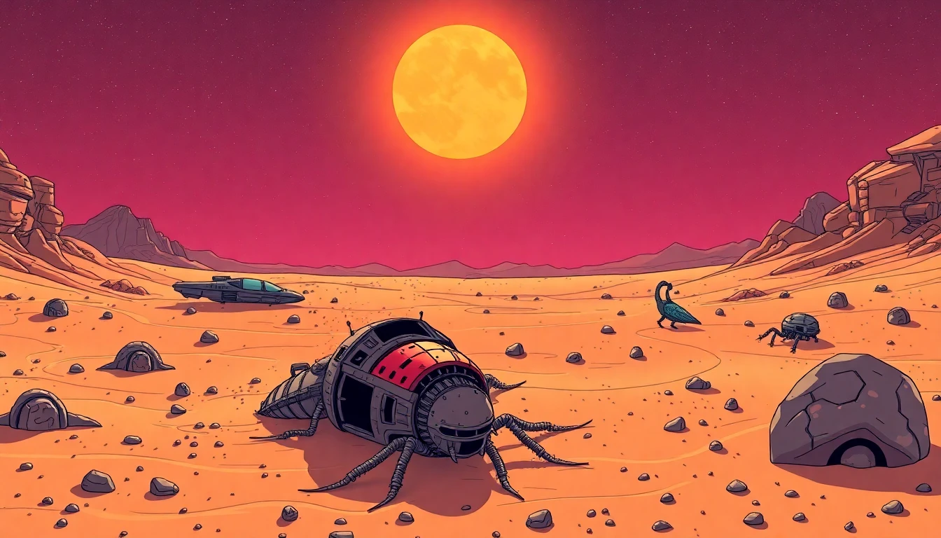 A cosmic desert with two suns, crashed spaceships half-buried in sand, mysterious robotic creatures lurking, strange fossils everywhere, strange and humorous sci-fi mood, inspired by Rick and Morty