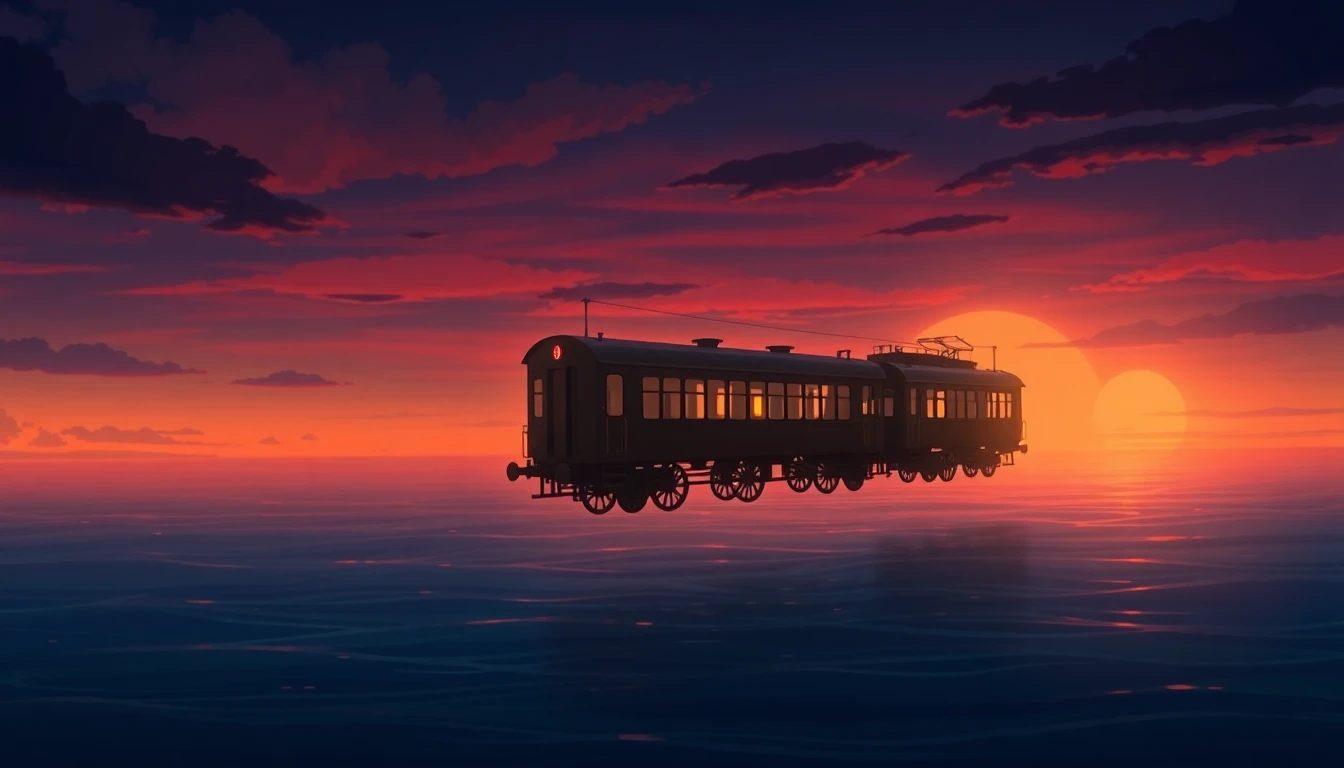 A mysterious train floating over the ocean during sunset, lanterns glowing on each car, lonely yet magical, inspired by Spirited Away, cinematic anime look
