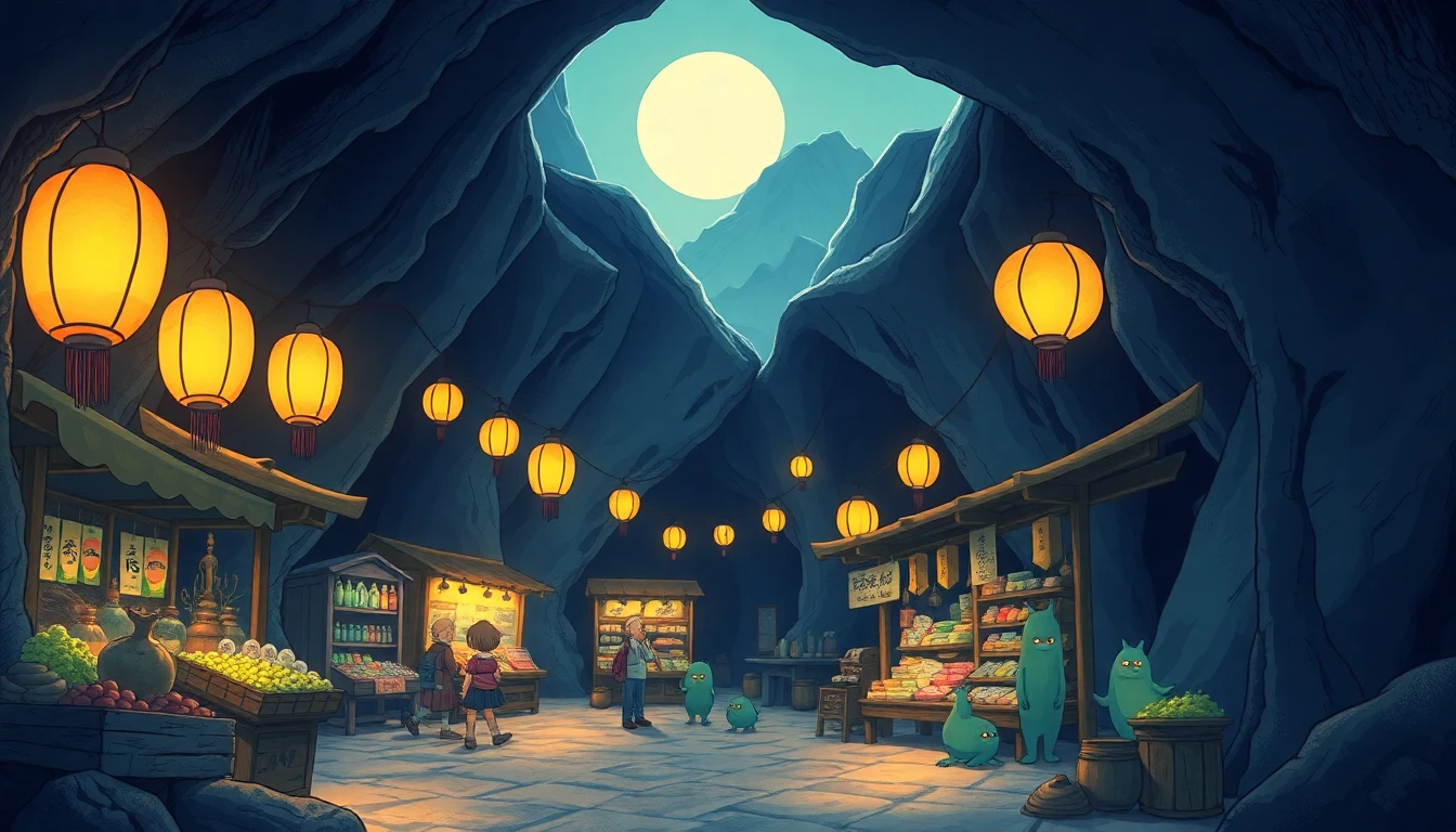 A hidden spirit market in a mountain cave, glowing lanterns, strange but kind creatures, stalls with magical goods, Spirited Away vibes, hand-drawn animation style