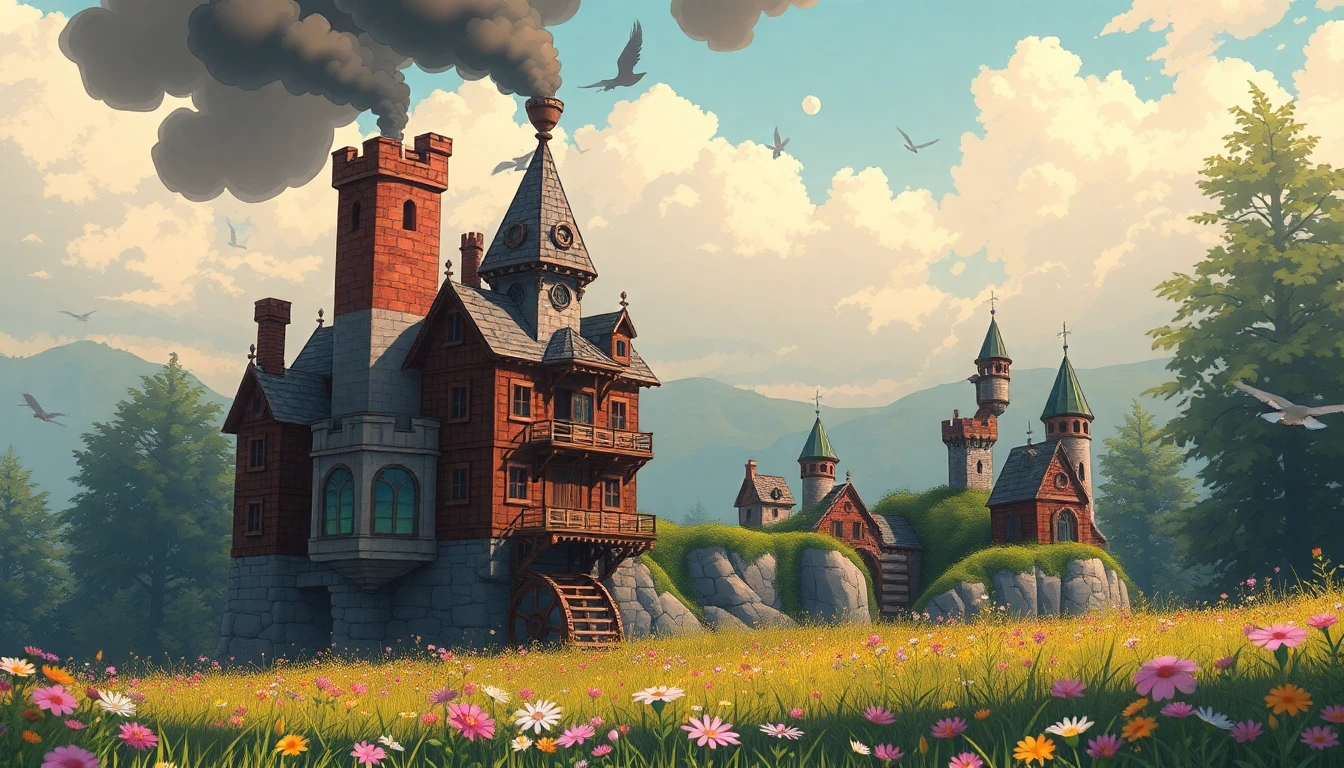 A walking castle made of mismatched parts, chimney smoke, turning gears, steam puffing out, wandering through a flowery meadow, inspired by Howl’s Moving Castle, fantasy anime style