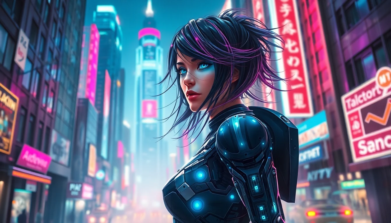 A stunning digital painting depicting a female cyborg standing amidst a vibrant cyberpunk city at night. Her face is softly illuminated by glowing blue eyes, and her black hair is wind-blown with purple and blue highlights. She wears a sleek cybernetic exoskeleton adorned with blue-lit circuitry, set against towering neon-lit skyscrapers and rainy streets. The vivid pink, blue, and red lights reflect the bustling atmosphere of the futuristic metropolis.