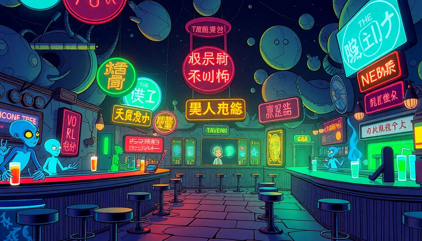 A surreal sci-fi tavern at the edge of the universe, full of weird aliens, glowing drinks, floating bar stools, neon signs in unknown languages, comic-style Rick and Morty vibe, intergalactic weirdness