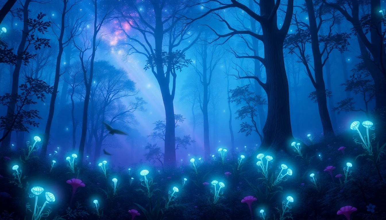 A starlit forest with bioluminescent plants, mystical creatures hiding, soft blue and purple hues, calm and mysterious fairyland, wallpaper quality
