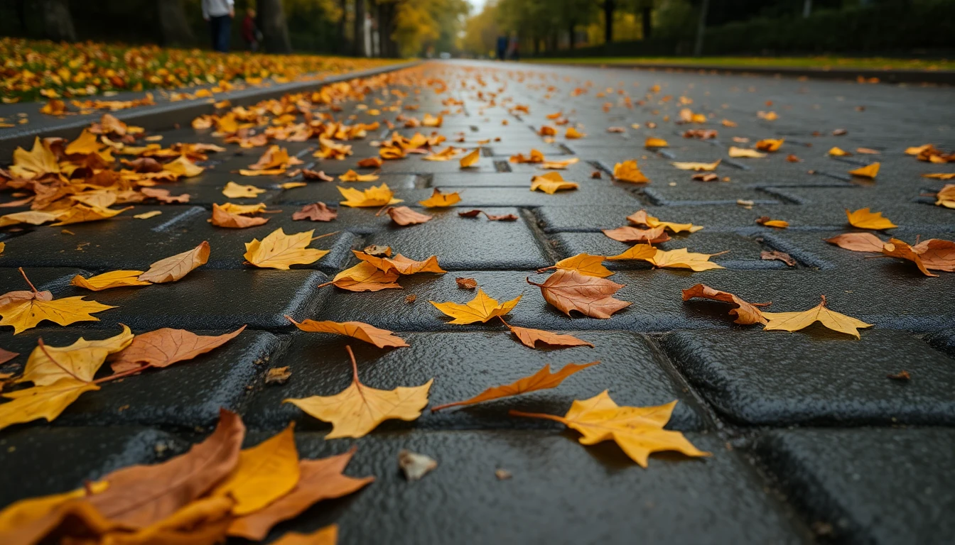 leaves on wet pavement