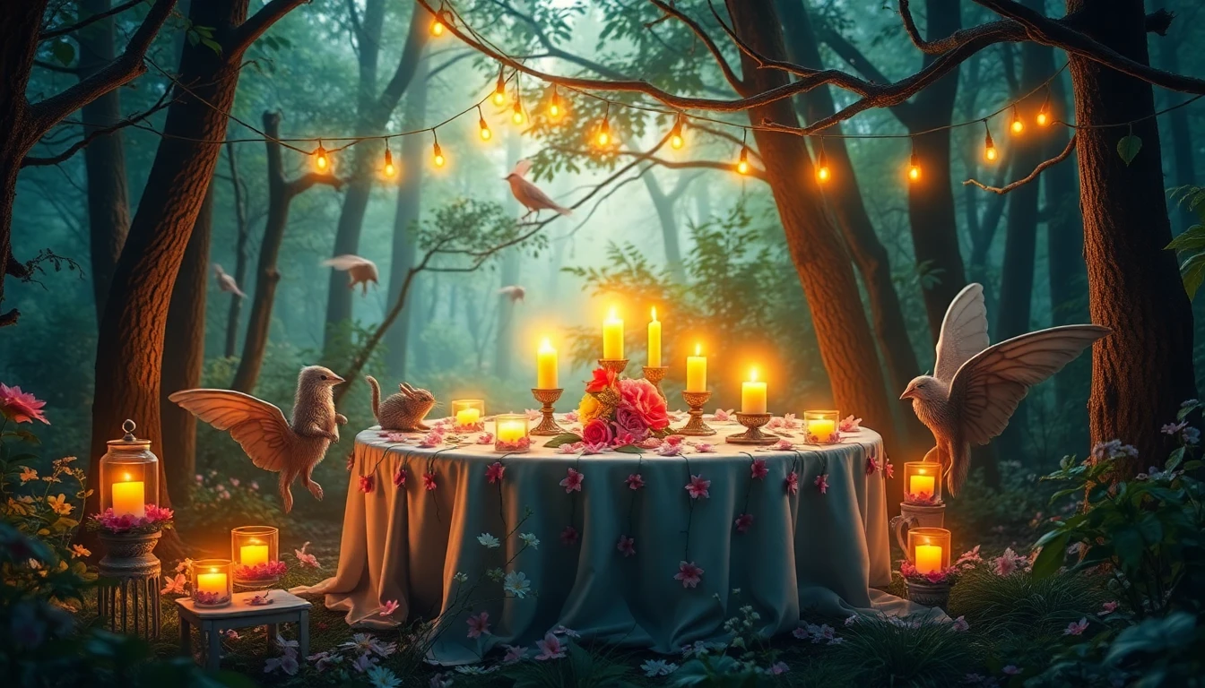A fantasy tea party in a forest clearing, woodland creatures, floating candles, flower-covered table, dreamy light, Alice in Wonderland vibes