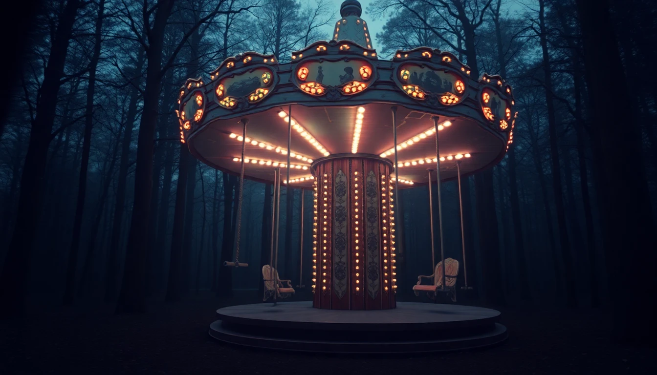 A carousel in the middle of a dark forest, rotating without music, with empty swings and a girl’s laughter echoing, colors glitching slightly, eerie yet beautiful, surreal and symbolic