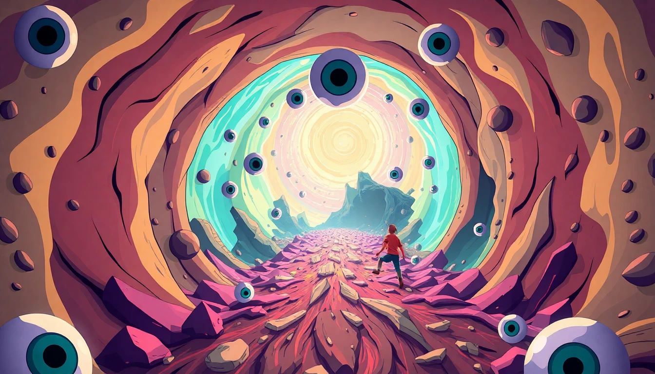 An epic chase through a bizarre wormhole tunnel, Rick and Morty-style dimensions colliding, floating eyeballs, time glitches, psychedelic colors, chaos and wonder, animated fantasy universe