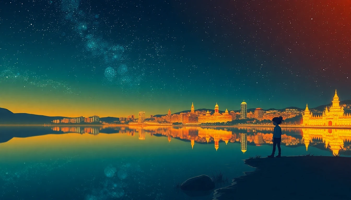 A lake reflecting the stars, but in the reflection there’s a city on fire and a girl watching from the shore, blending reality and imagination, in the vivid, chaotic animation style of Paprika