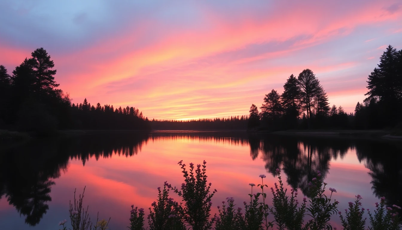 A quiet lake at sunset, pink and orange sky reflection, surrounded by pine trees and blooming flowers, soothing and magical atmosphere