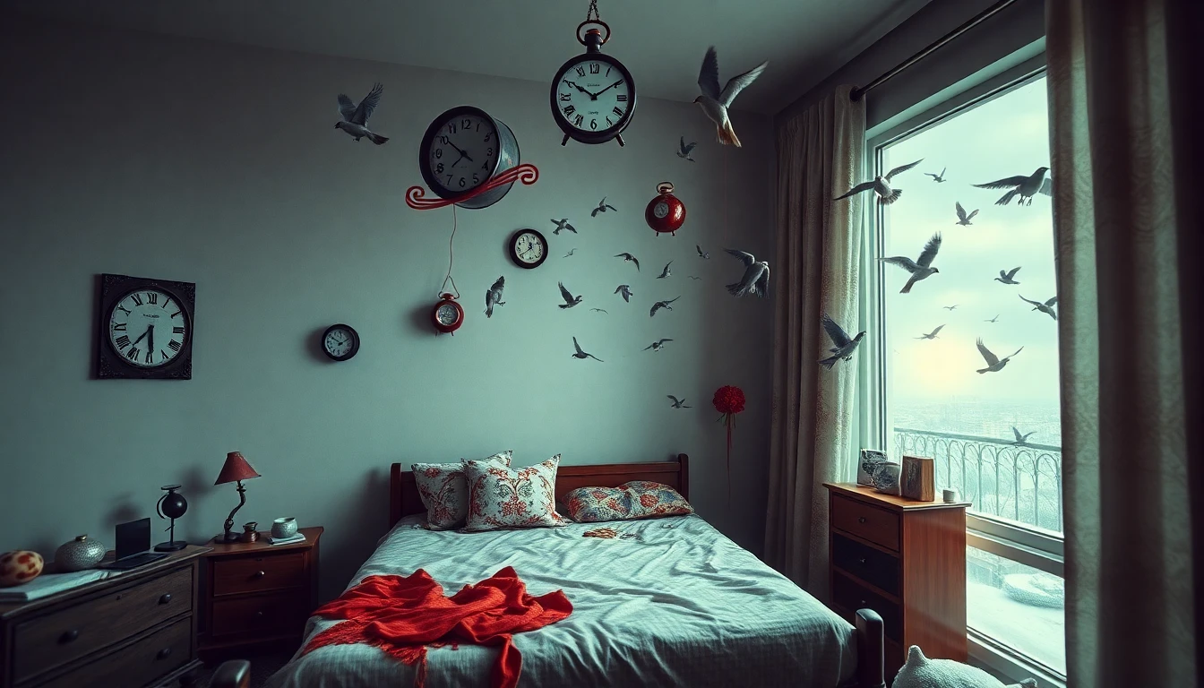 A bedroom frozen in time, objects levitating midair, a calendar marked with blood-red ink, outside the window a storm of clocks and birds, a narrative of lost time and memory, Paprika-inspired dreamworld