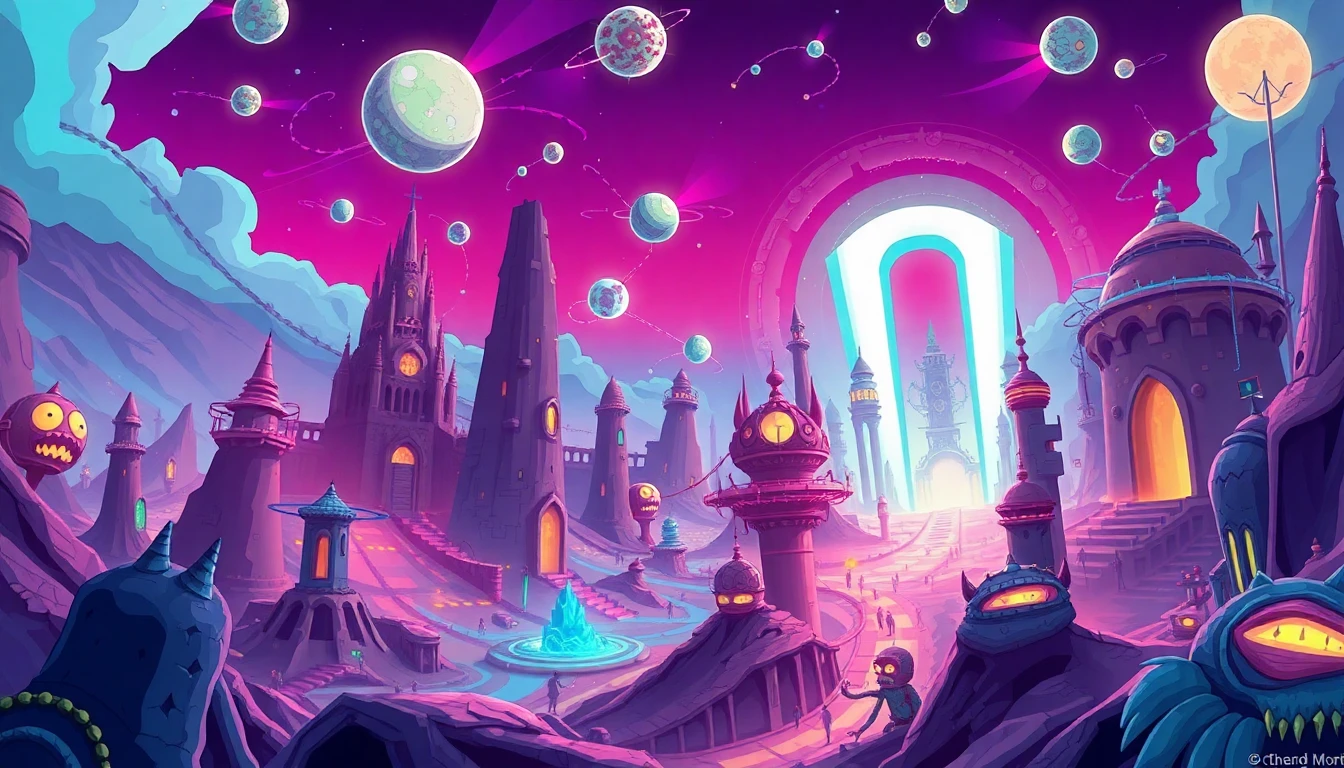 A chaotic interdimensional landscape inspired by Rick and Morty, floating alien cities, portals in the sky, neon lights, bizarre architecture, surreal creatures, cel-shaded style, sci-fi fantasy