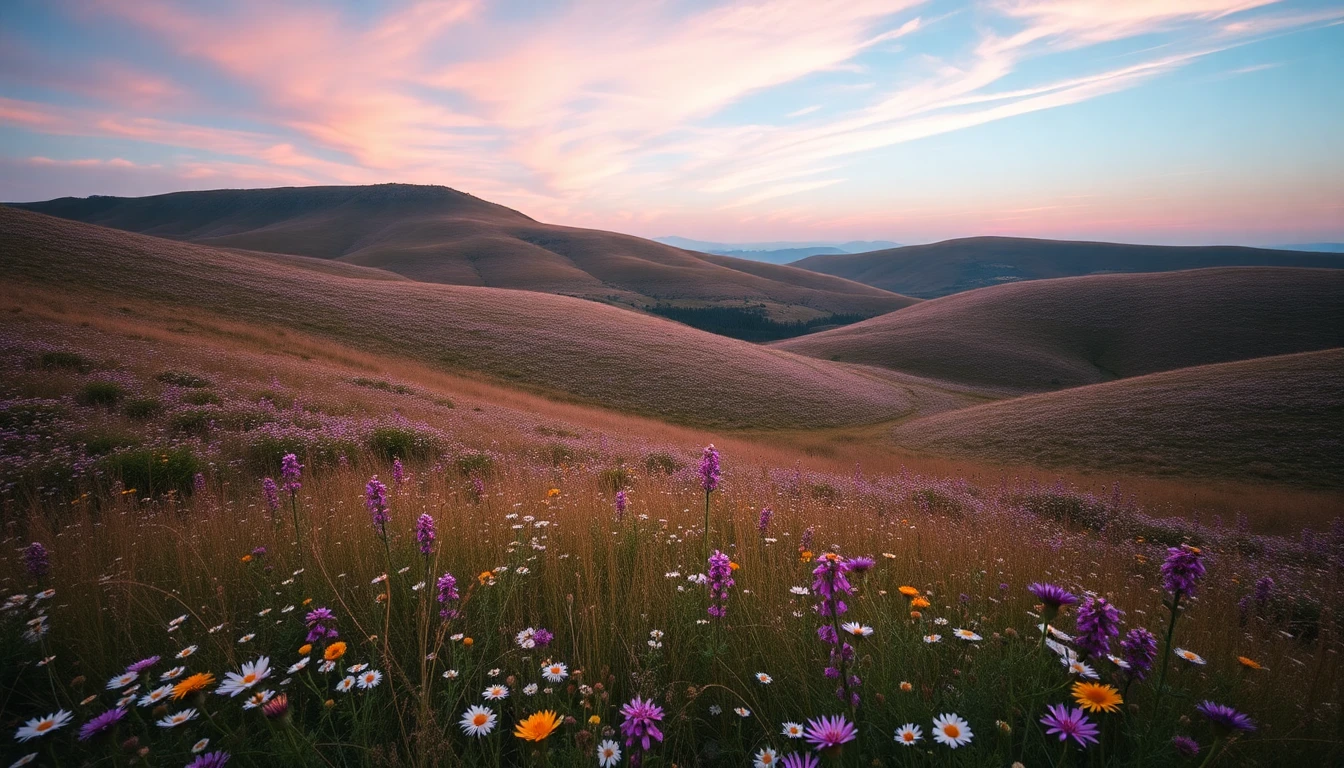 Rolling hills covered with wildflowers under a pastel sky, dreamy light, peaceful and healing scene, nature-inspired background, high resolution