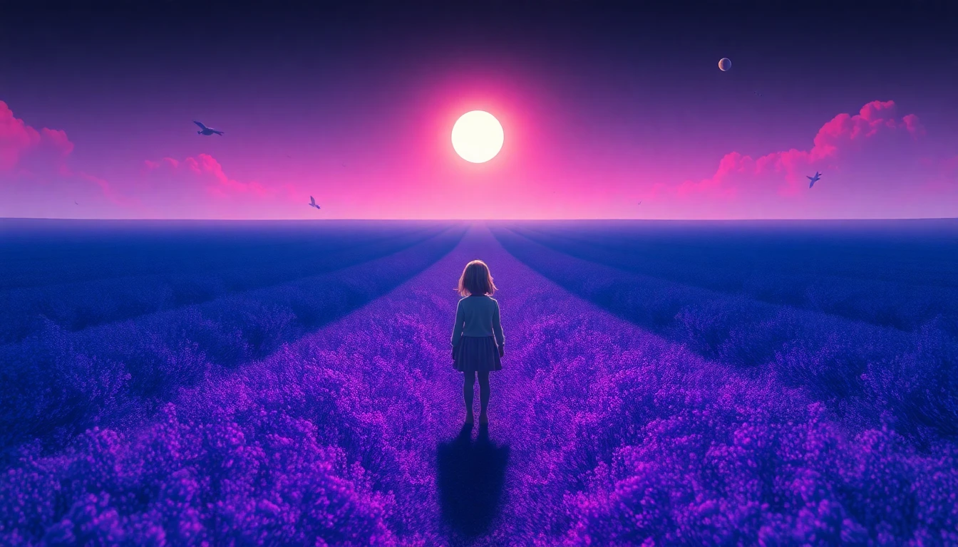 A young girl standing alone in a glowing lavender field, her shadow points the opposite direction of the sun, dreamlike atmosphere, surreal elements floating in the air, in the art style of Paprika, cinematic suspense