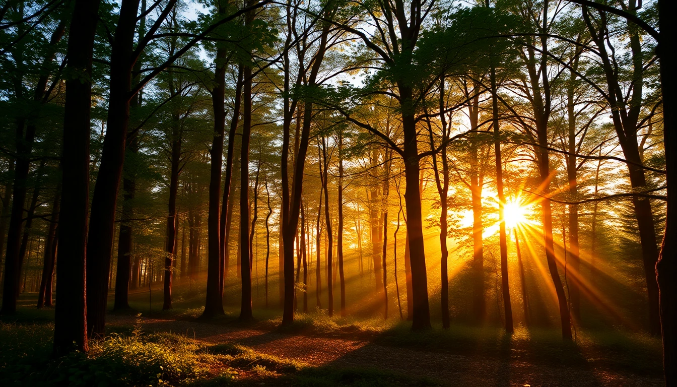 A peaceful forest at sunrise, soft golden light streaming through the trees, warm tones, serene and healing atmosphere, ultra-HD