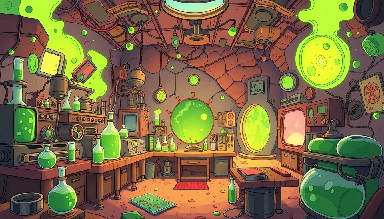 A mad scientist's lab on an alien planet, bubbling green vials, machines stitched together from junk, portals opening to unknown worlds, messy but genius vibe, cartoon-style, Rick and Morty inspired
