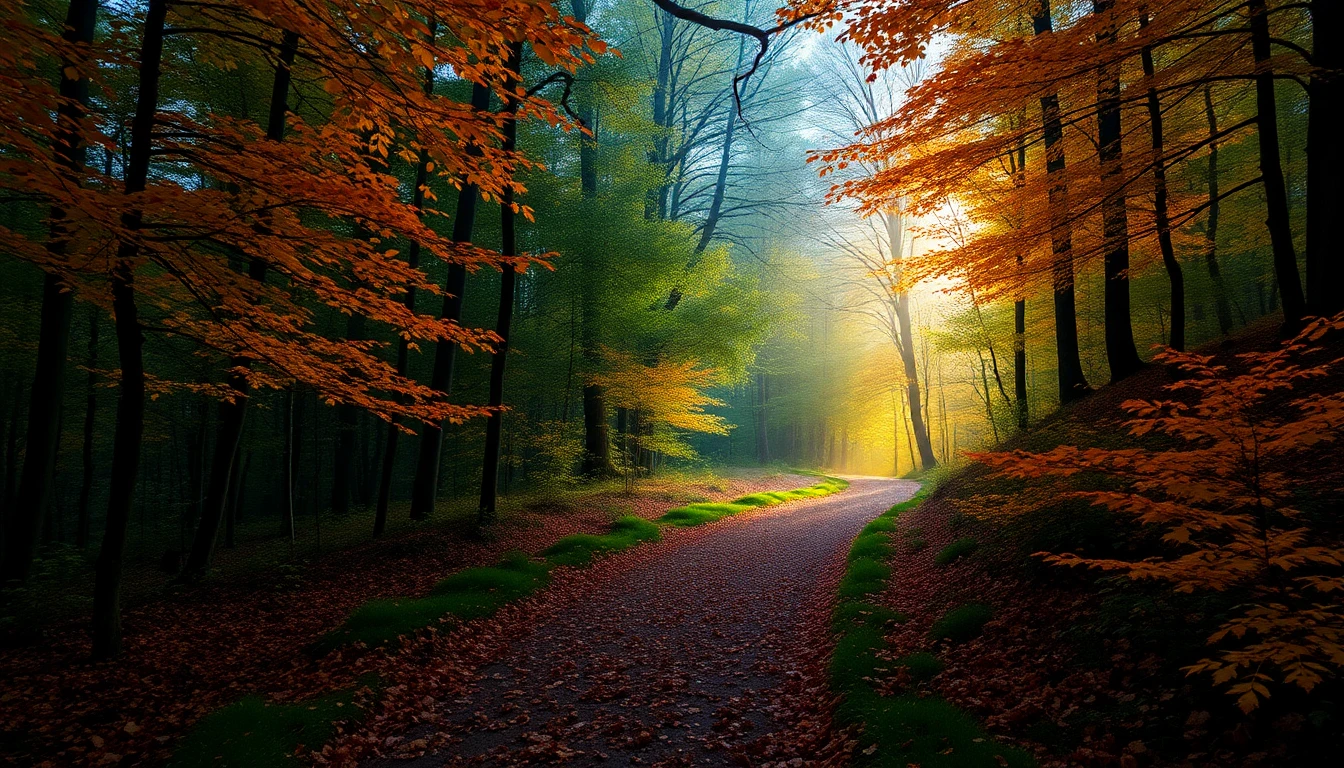 Nature path leading into a glowing forest, autumn colors, soft ambient light, magical and calming, fantasy-style healing landscape