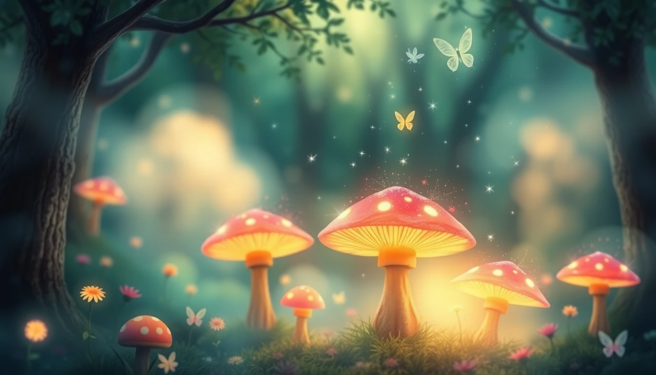 A whimsical enchanted forest with glowing mushrooms, soft pastel mist, tiny fairies flying, magical sparkles, dreamlike atmosphere, fairy tale illustration, ultra HD
