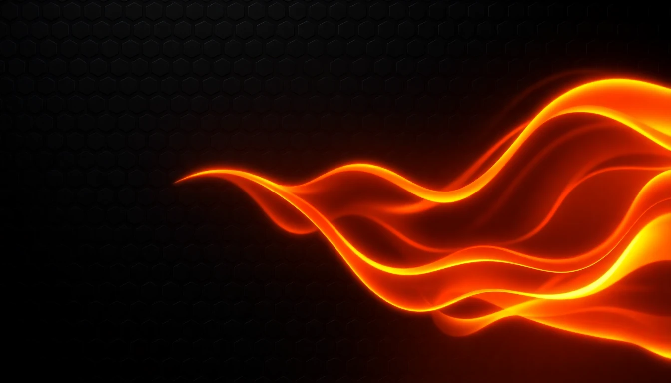 2d orange abstract wavy lines that look like fire or neon on a black background with small dark grey octagons covering the entire background much like a chain-link fence