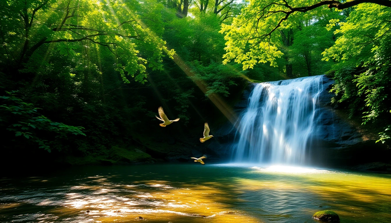 A gentle waterfall in a lush green forest, birds flying, sunbeams breaking through the leaves, calm and refreshing, peaceful energy, healing vibes