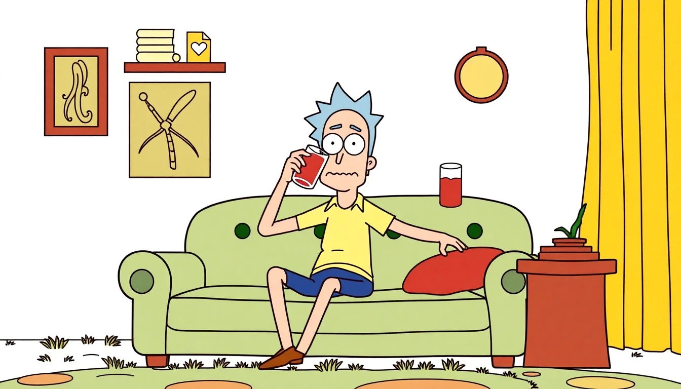 Rick is drinking on the bug sofa